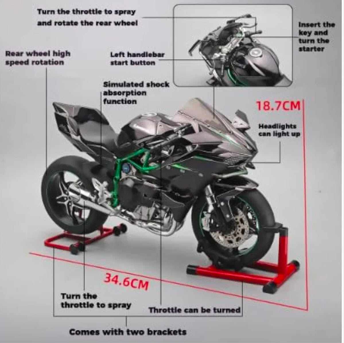 Kawasaki H2R 1/6 Scale Diecast Model with Light & Smoke – Premium Superbike